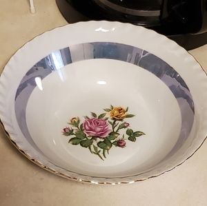 Westwood fine china 9 inch serving bowl blue lusterware pink and yellow roses